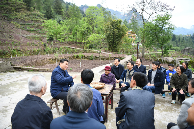 2019年4月15日至17日，中共中央總書記、國(guó)家主席、中央軍委主席習(xí)近平在重慶考察，并主持召開解決“兩不愁三保障”突出問(wèn)題座談會(huì)。這是4月15日下午，習(xí)近平在石柱土家族自治縣中益鄉(xiāng)華溪村同村民代表、基層干部、扶貧干部、鄉(xiāng)村醫(yī)生等圍坐在一起，共話脫貧攻堅(jiān)。新華社記者 謝環(huán)馳 攝