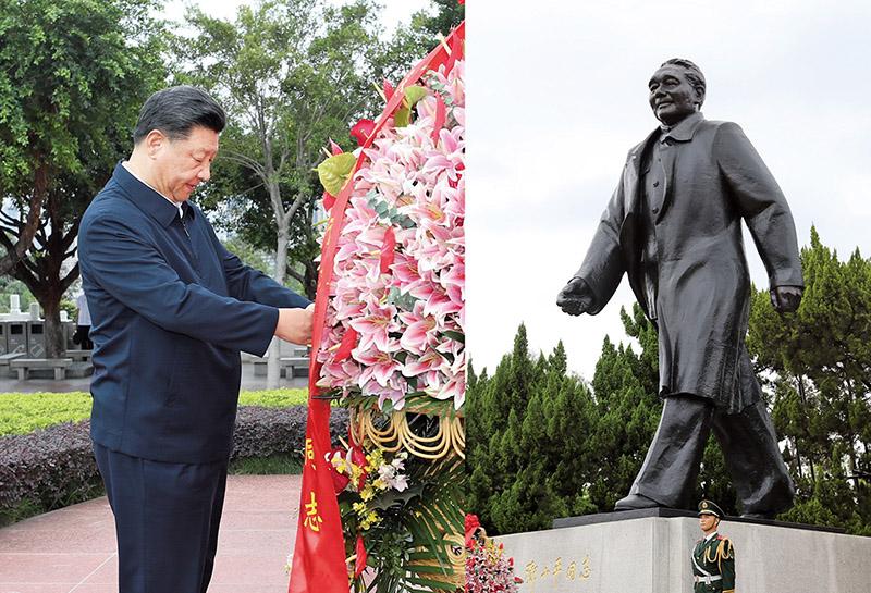 2020年10月14日，習(xí)近平總書記向深圳蓮花山公園鄧小平同志銅像敬獻(xiàn)花籃。